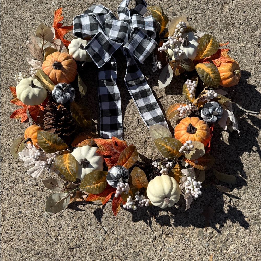 Autumn Harvest Wreath with Pumpkins and Bow